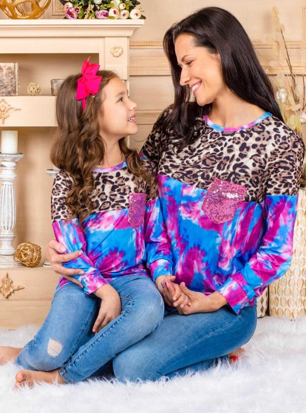 Mommy & Me Matching Tops | Animal Print Sequin Pocket Colorblock Tie Dye