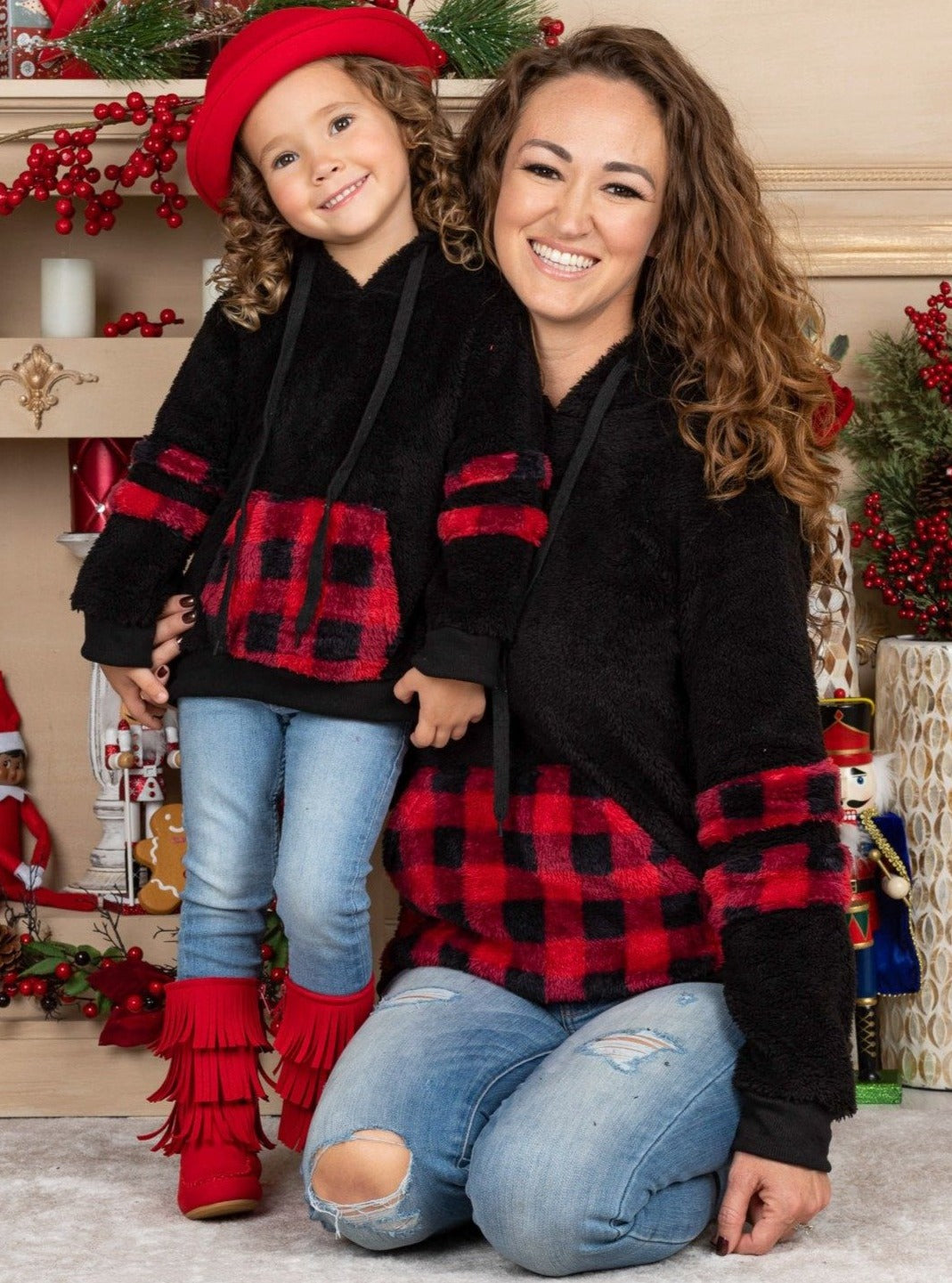 Mommy & Me Winter Tops | Plush Buffalo Plaid Hoodies | Mia Belle Girls