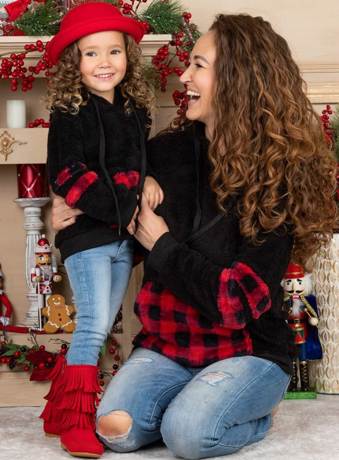 Mommy & Me Winter Tops | Plush Buffalo Plaid Hoodies | Mia Belle Girls