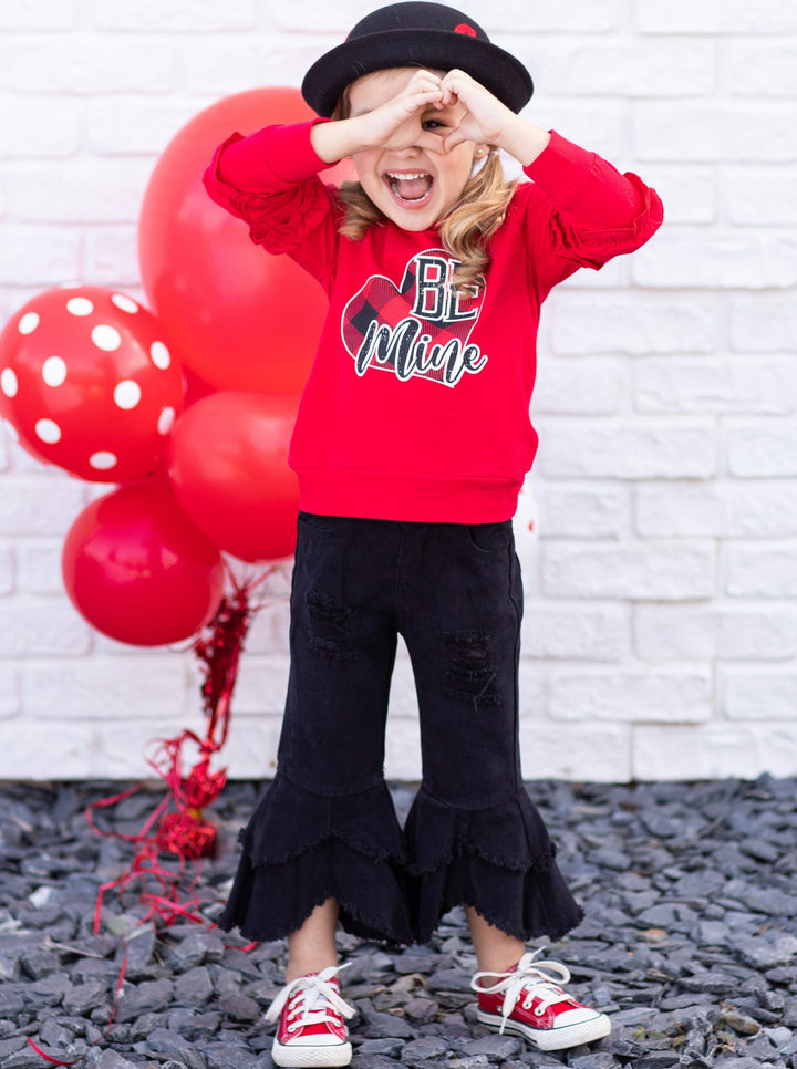 Girls Valentine's Outfits | Be Mine Ruffle Top & Bell Bottom Jeans Set