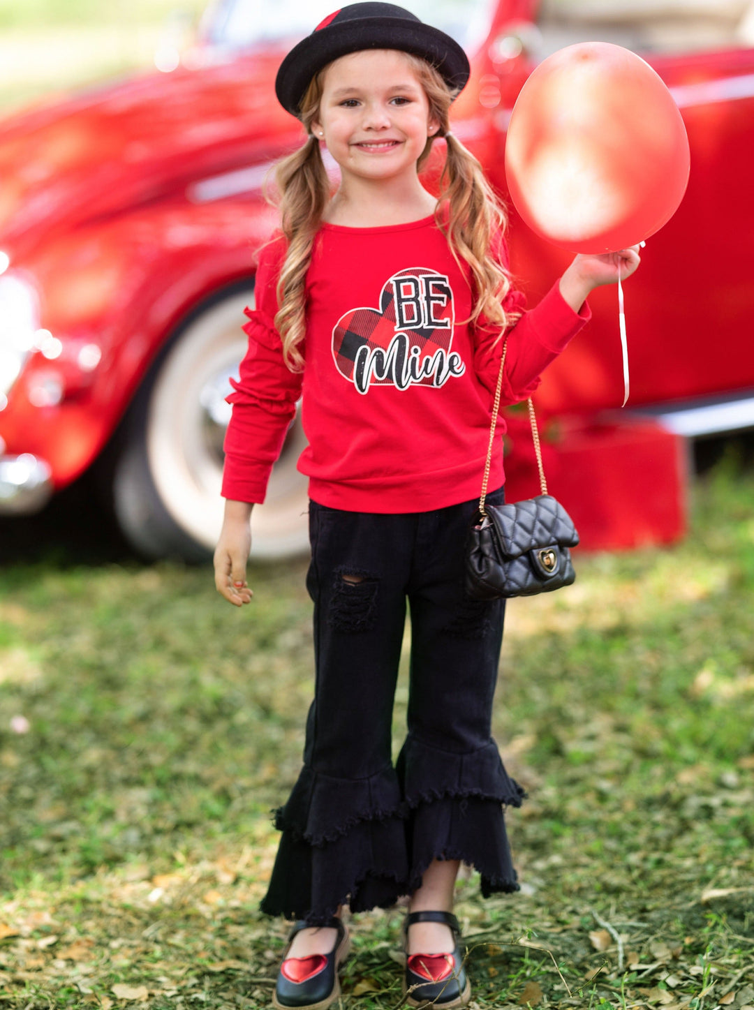 Girls Valentine's Outfits | Be Mine Ruffle Top & Bell Bottom Jeans Set