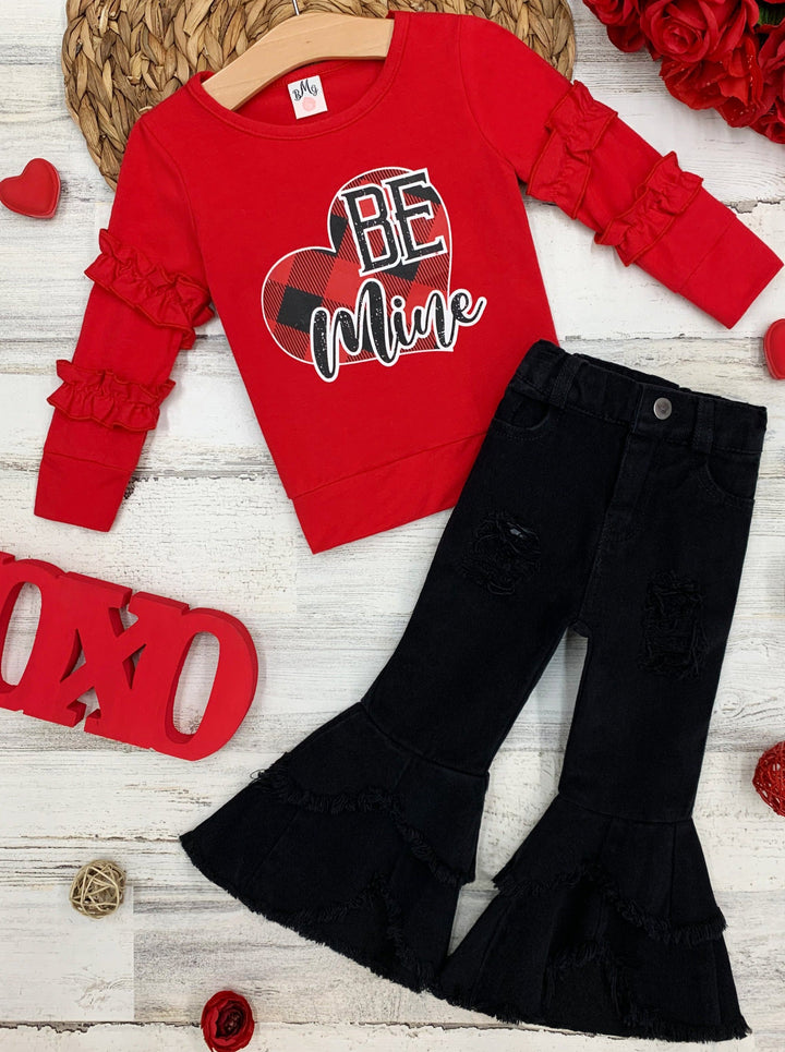 Girls Valentine's Outfits | Be Mine Ruffle Top & Bell Bottom Jeans Set