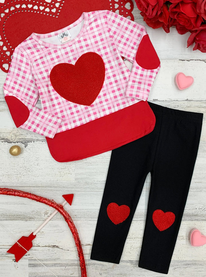 Kids Valentine's Clothes | Girls Heart Checkered Top & Legging Set