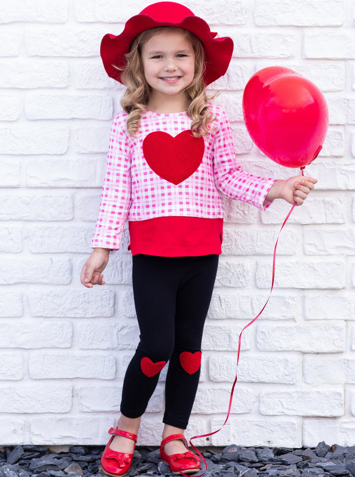 Kids Valentine's Clothes | Girls Heart Checkered Top & Legging Set