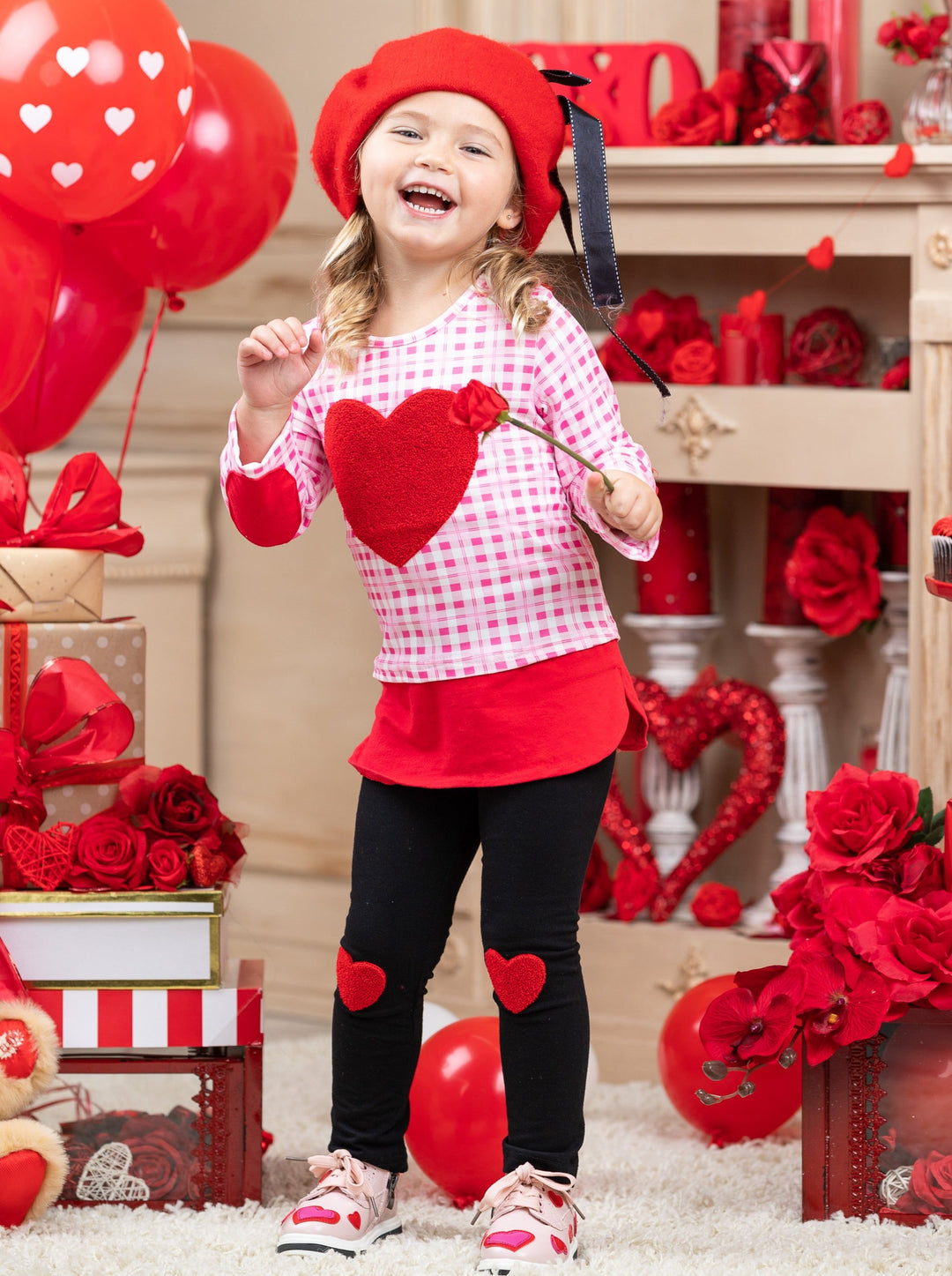 Kids Valentine's Clothes | Girls Heart Checkered Top & Legging Set