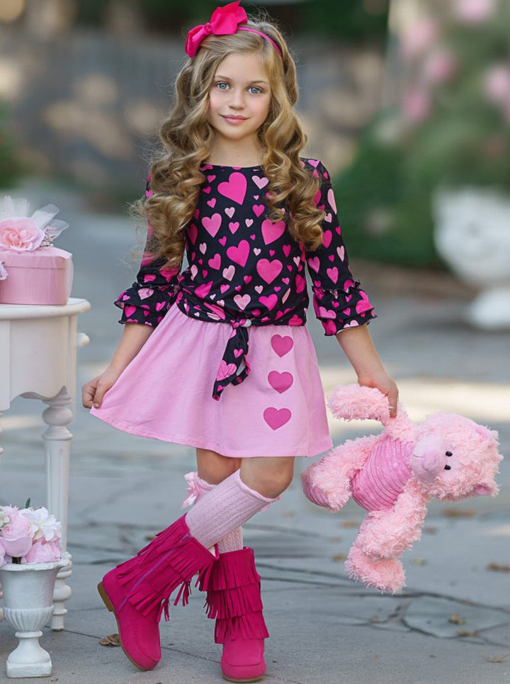 Toddler Valentine's Clothes | Girls Heart Knot Hem Top & Skirt Set