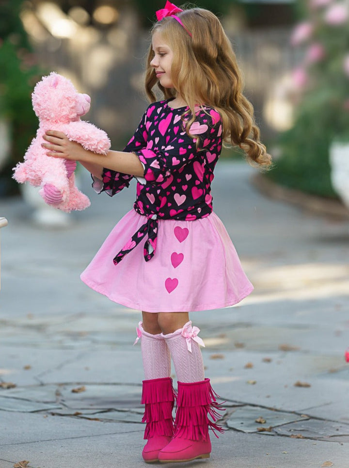 Toddler Valentine's Clothes | Girls Heart Knot Hem Top & Skirt Set