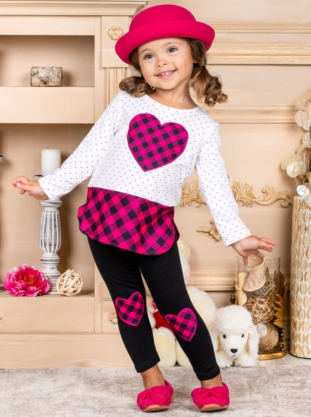 Valentine's Outfit | Girls Plaid Heart Polka Dot Tunic & Legging Set 