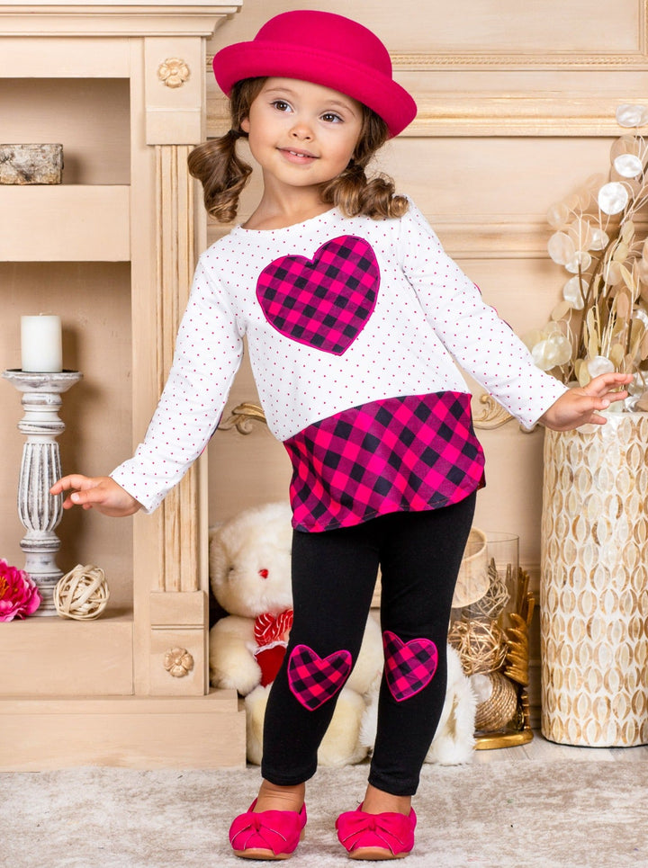 Valentine's Outfit | Girls Plaid Heart Polka Dot Tunic & Legging Set 