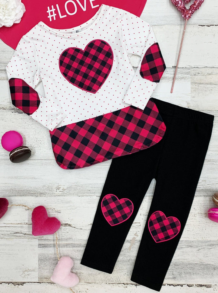 Valentine's Outfit | Girls Plaid Heart Polka Dot Tunic & Legging Set 