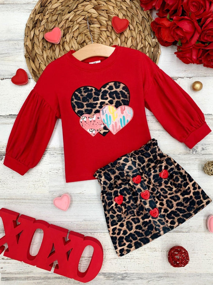 Kids Valentine's Clothes | Girls Heart Top & Leopard Print Skirt Set