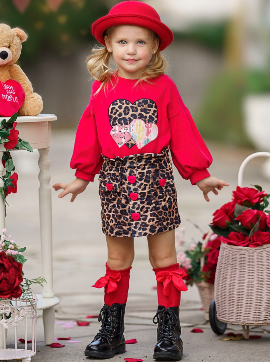 Kids Valentine's Clothes | Girls Heart Top & Leopard Print Skirt Set