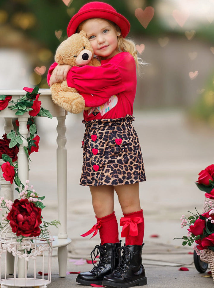 Kids Valentine's Clothes | Girls Heart Top & Leopard Print Skirt Set