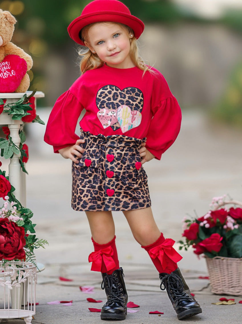 Kids Valentine's Clothes | Girls Heart Top & Leopard Print Skirt Set