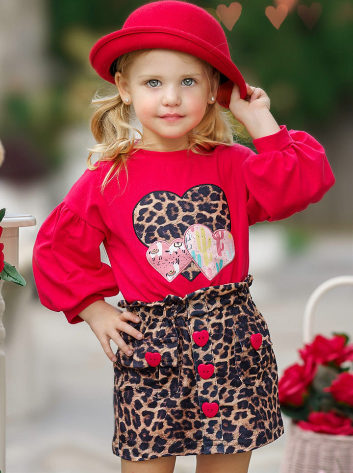 Kids Valentine's Clothes | Girls Heart Top & Leopard Print Skirt Set