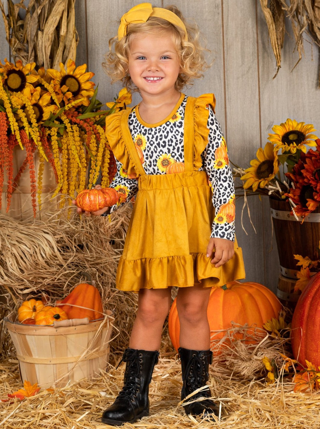 Girls Pumpkin Top and Ruffled Suspender Skirt Set