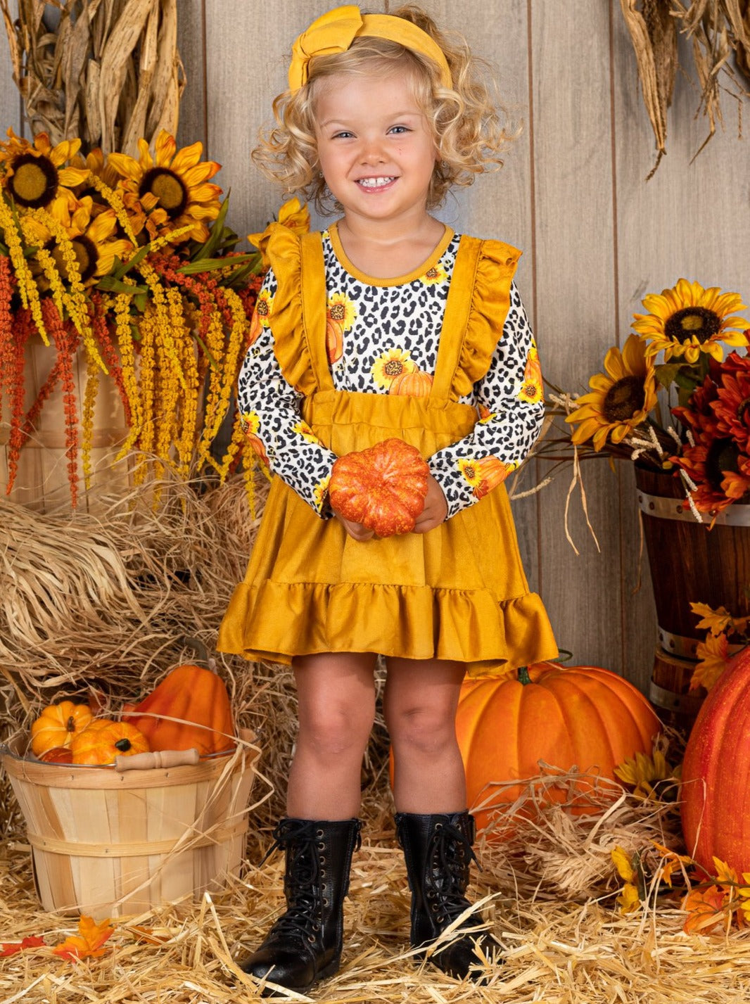 Girls Pumpkin Top and Ruffled Suspender Skirt Set