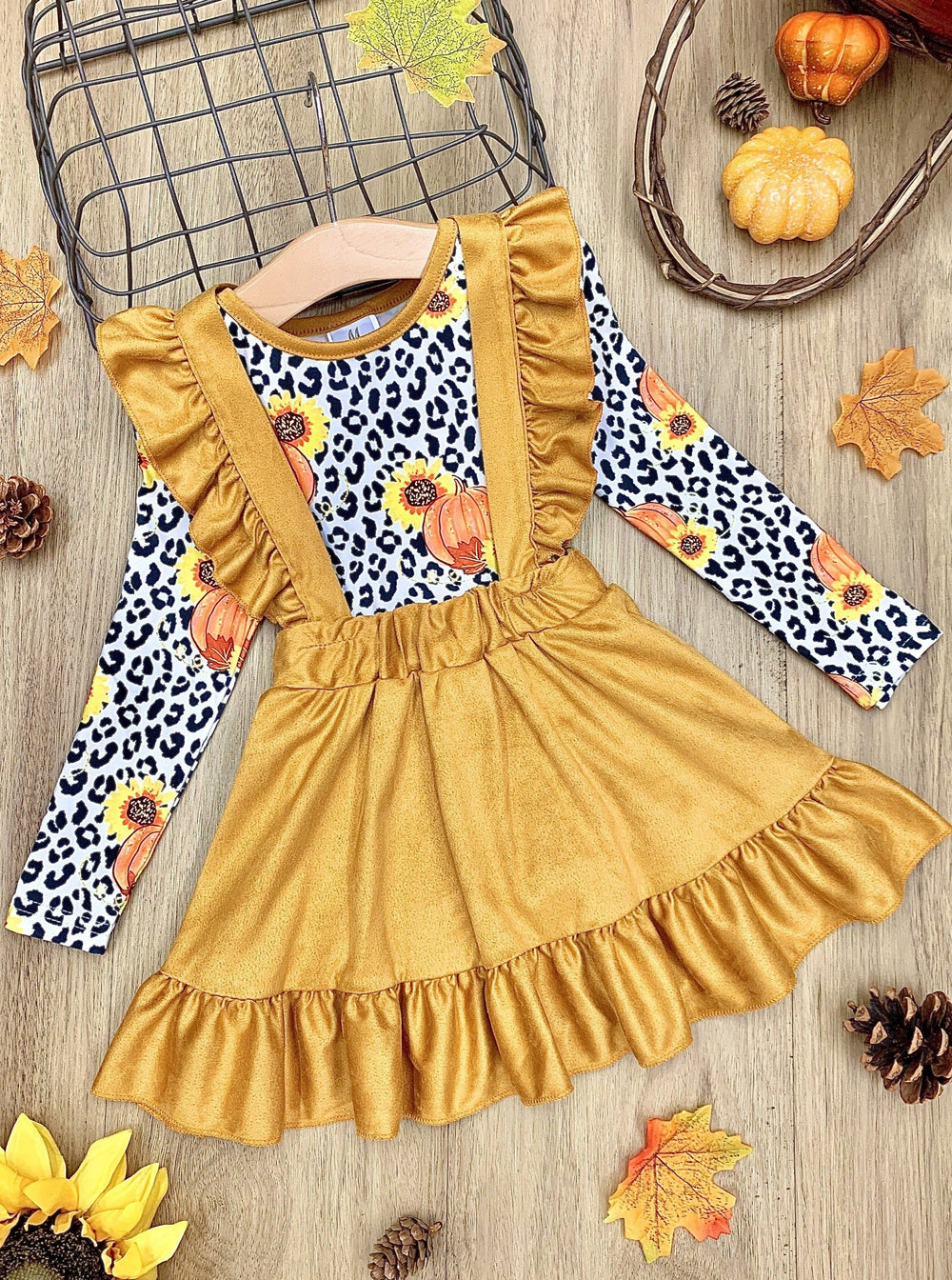 Girls Pumpkin Top and Ruffled Suspender Skirt Set