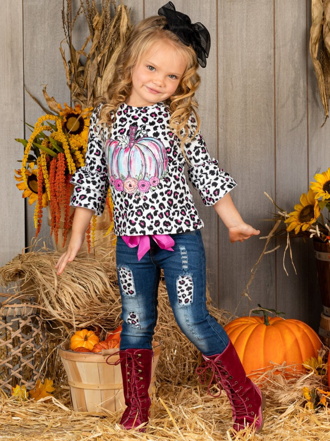 Girls Fall Outfits | Leopard Top & Patched Jeans Set - Mia Belle Girls