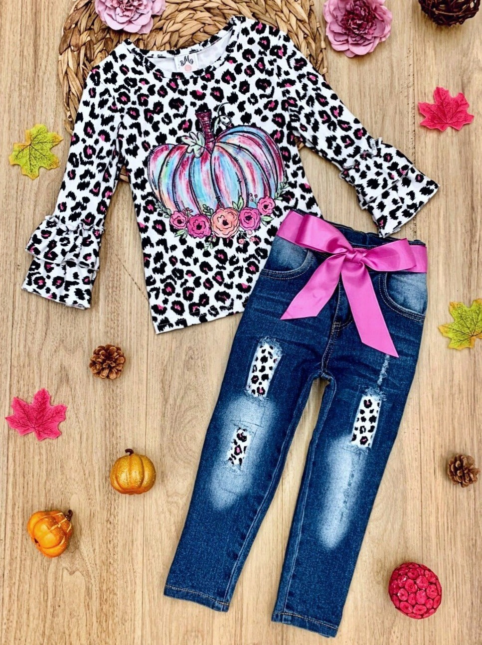 Girls Fall Outfits | Leopard Top & Patched Jeans Set - Mia Belle Girls