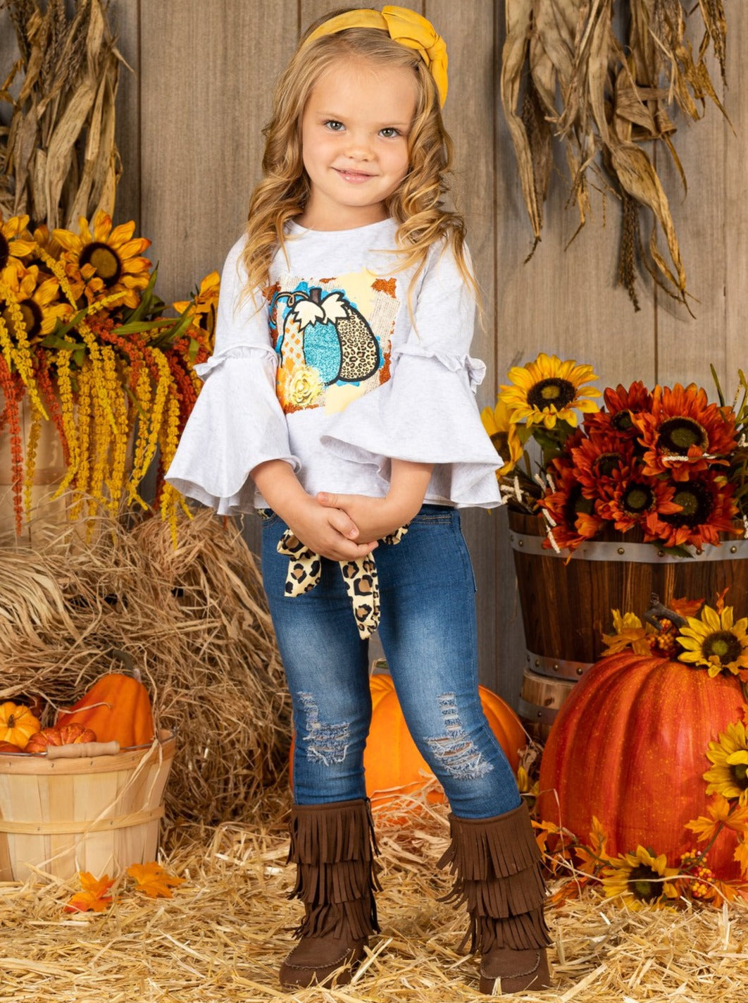 Little girls Fall long bell sleeve top with mixed print pumpkin graphic and distressed jeans with leopard print sash belt - Mia Belle Girls