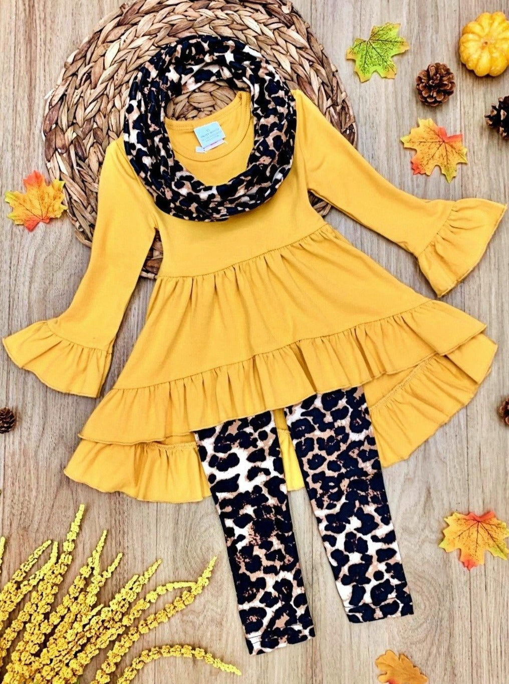 Little girls Fall long-sleeve hi-lo top with ruffle hem and cuffs, leopard leggings, and matching infinity wrap scarf - Mia Belle Girls