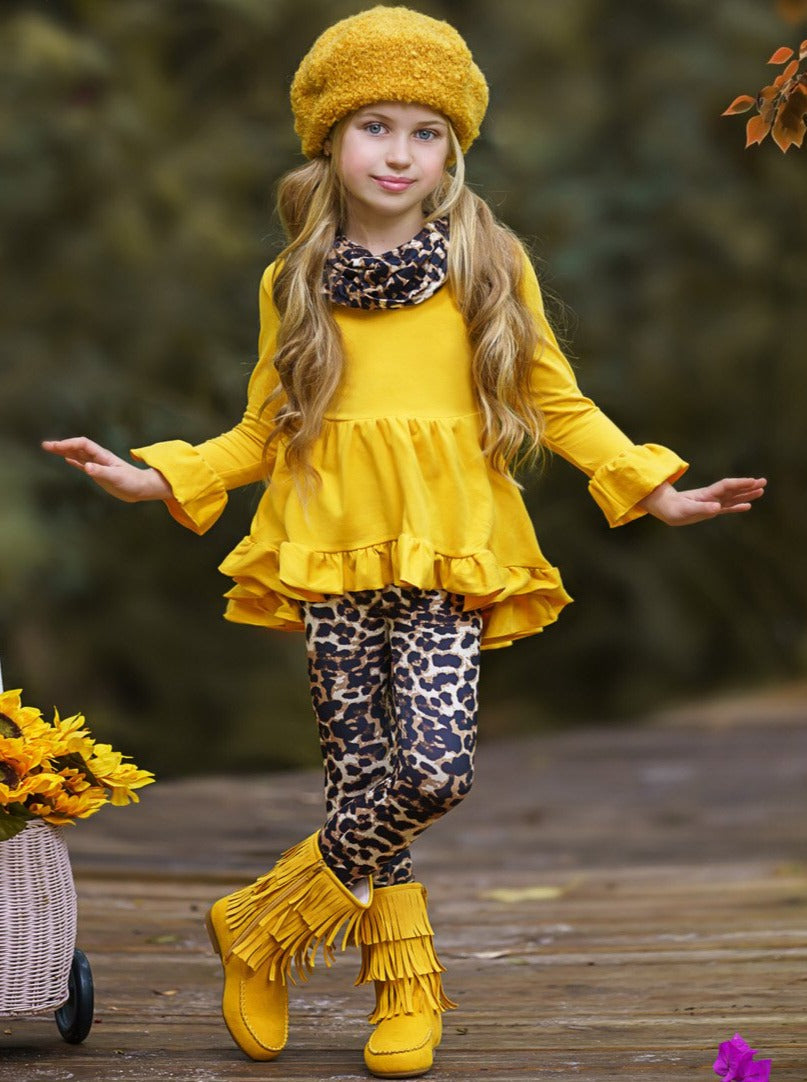 Little girls Fall long-sleeve hi-lo top with ruffle hem and cuffs, leopard leggings, and matching infinity wrap scarf - Mia Belle Girls