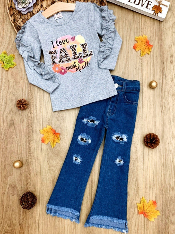 Girls Fall Outfits | Ruffle Top & Patched Jeans Set - Mia Belle Girls