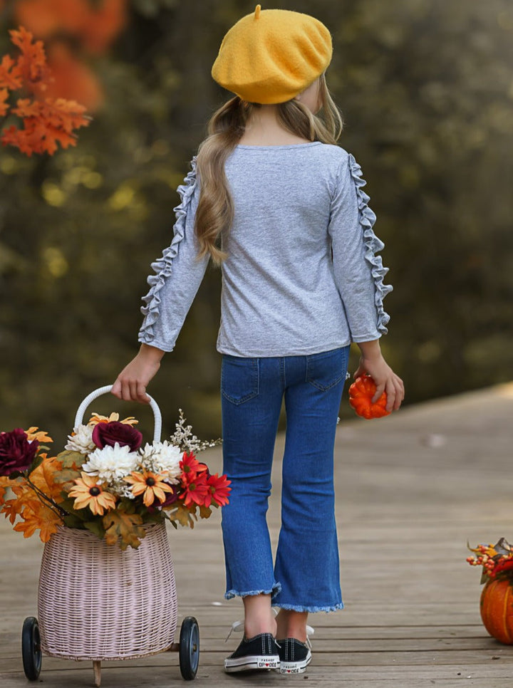 Girls Fall Outfits | Ruffle Top & Patched Jeans Set - Mia Belle Girls