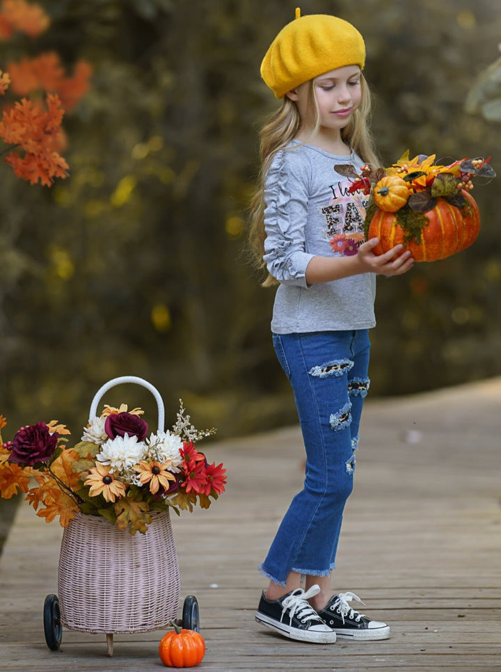 Girls Fall Outfits | Ruffle Top & Patched Jeans Set - Mia Belle Girls