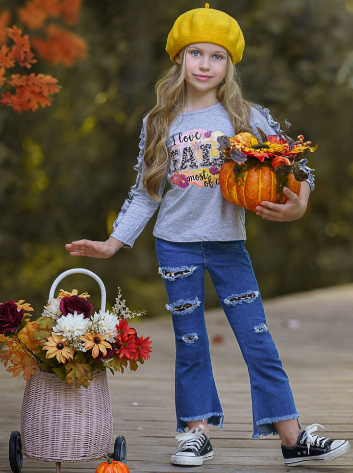 Girls Fall Outfits | Ruffle Top & Patched Jeans Set - Mia Belle Girls