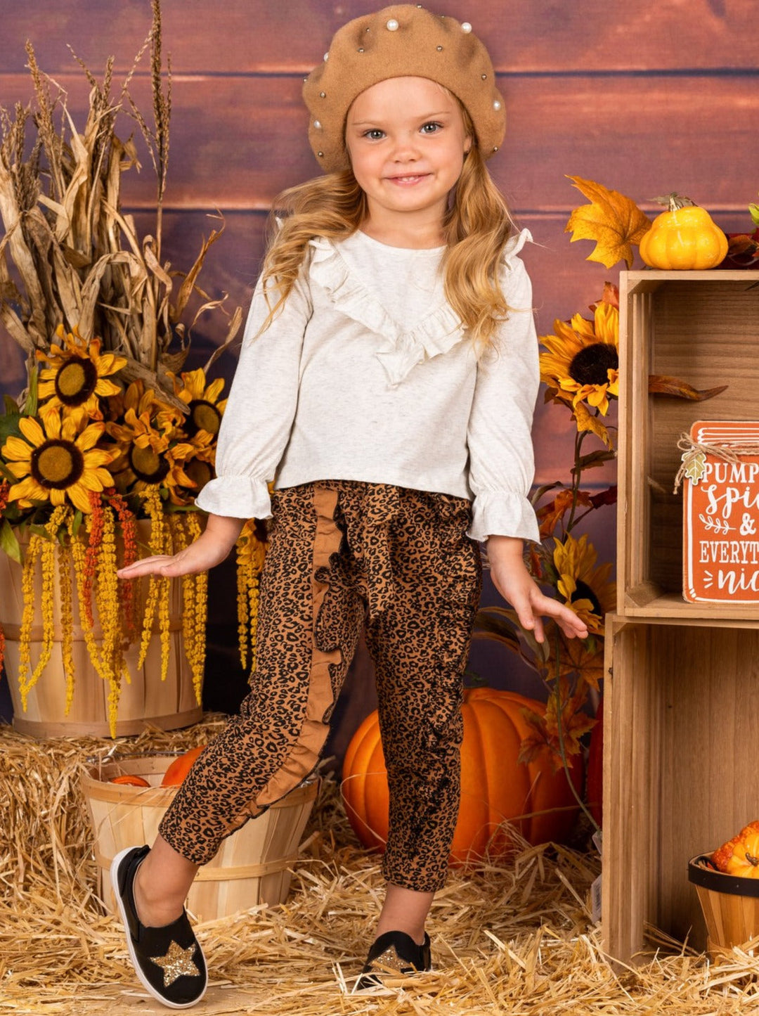 Girls Casual Fall Outfits | Ruffled Tunic And Leopard Print Pants Set