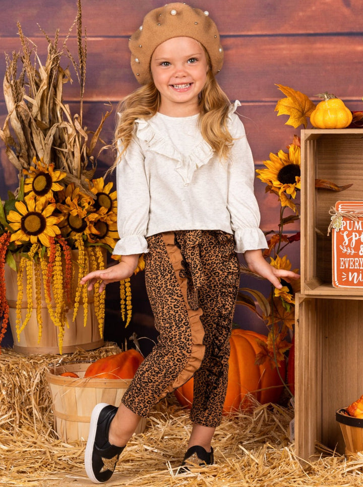 Girls Casual Fall Outfits | Ruffled Tunic And Leopard Print Pants Set