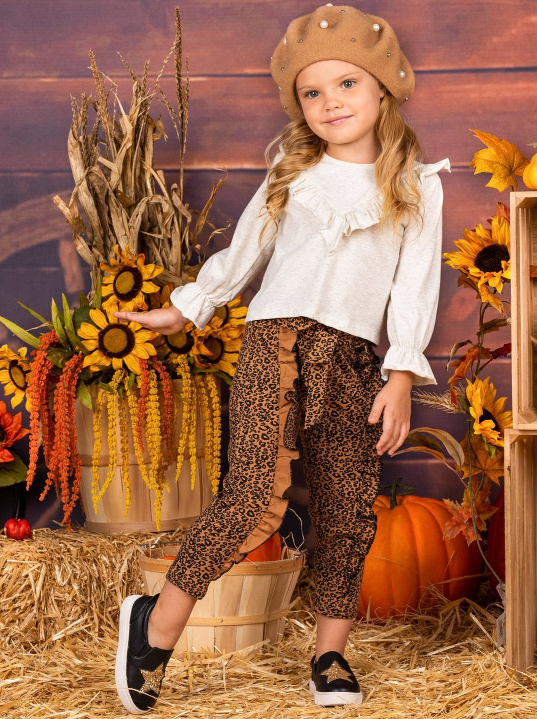 Girls Casual Fall Outfits | Ruffled Tunic And Leopard Print Pants Set