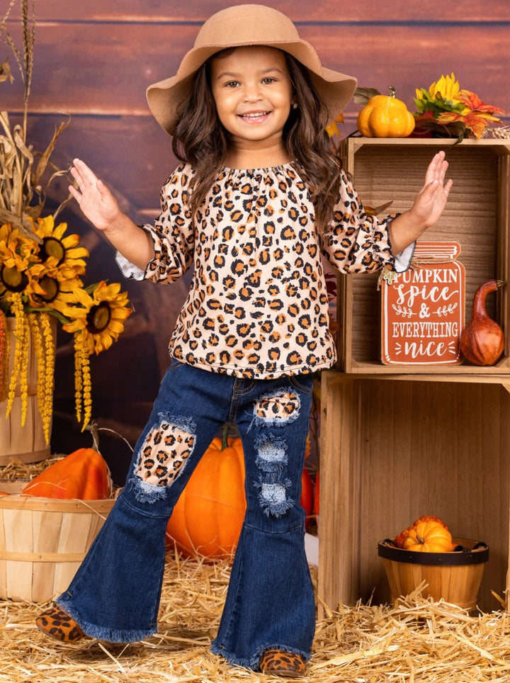 Little girls fall 3/4 sleeve leopard print top and matching patched denim bell-bottom jeans - Mia Belle Girls