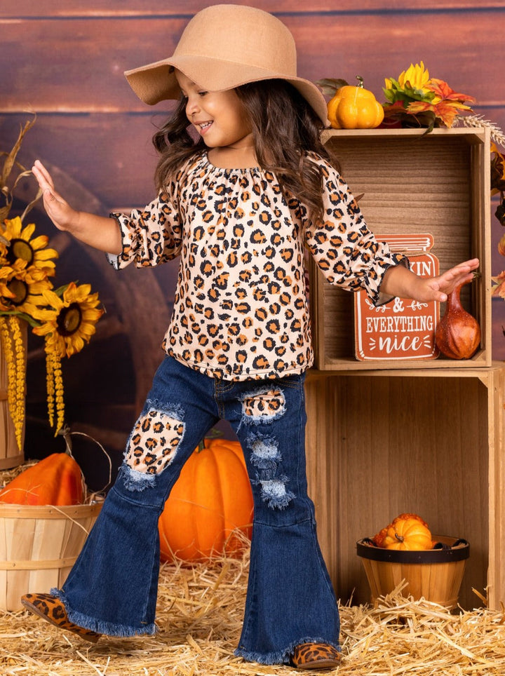 Little girls fall 3/4 sleeve leopard print top and matching patched denim bell-bottom jeans - Mia Belle Girls