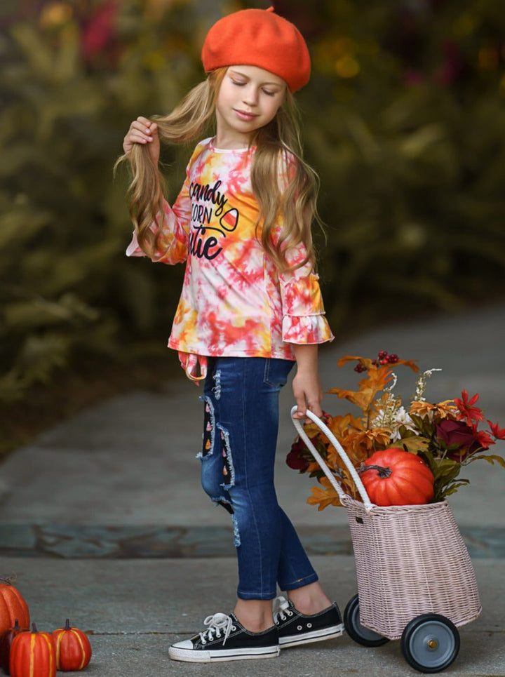 Girls Halloween Apparel | Top & Patched Jeans Set - Mia Belle Girls