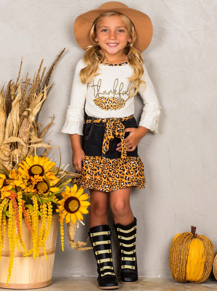 Girls "Thankful" Top and Leopard Ruffled Denim Skirt Set