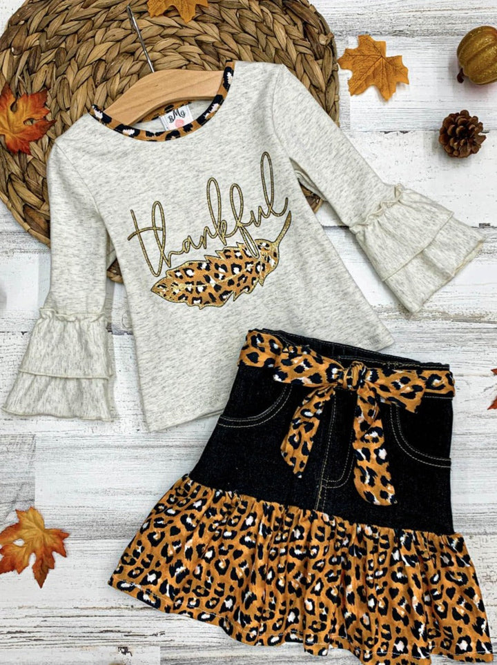 Fall Outfit | Thankful Leopard Ruffle Denim Skirt Set | Cute Girls Set