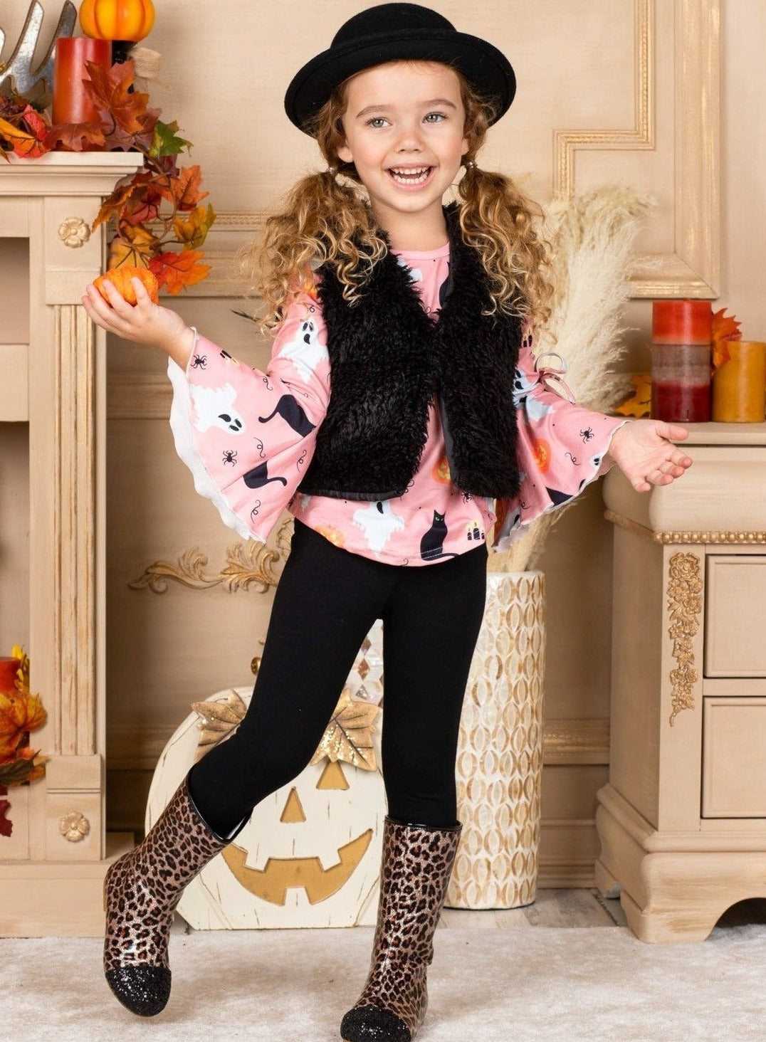 Girls Halloween Print Tunic, Vest & Legging Set - Mia Belle Girls