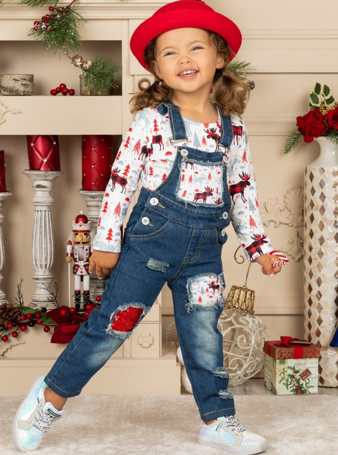 Cute Winter Sets | Girls Plaid Moose Print Patched Denim Overall Set