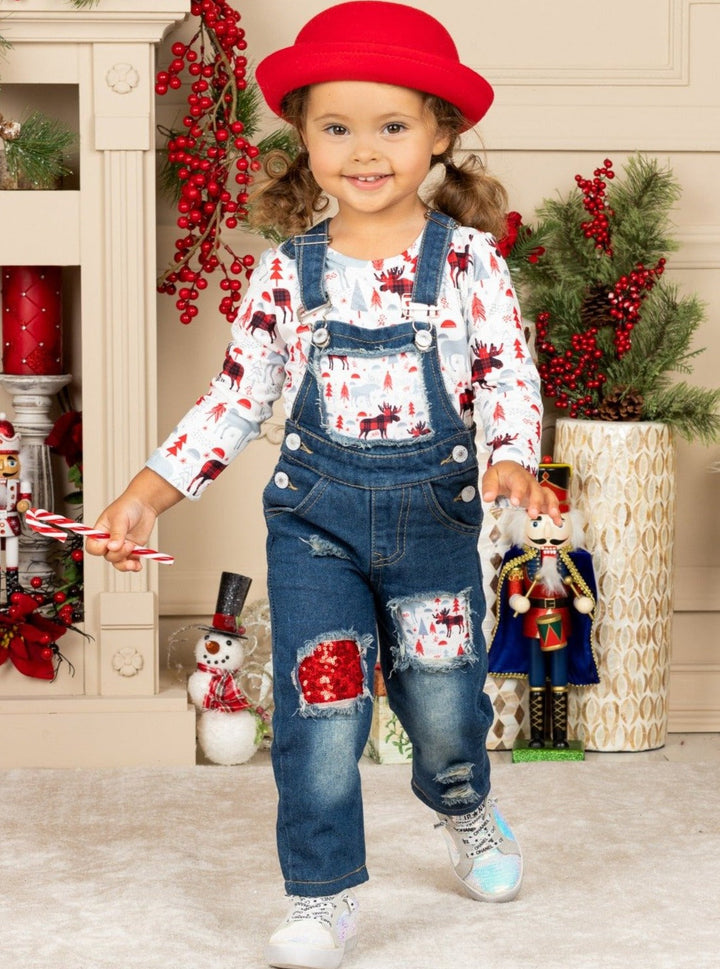 Cute Winter Sets | Girls Plaid Moose Print Patched Denim Overall Set