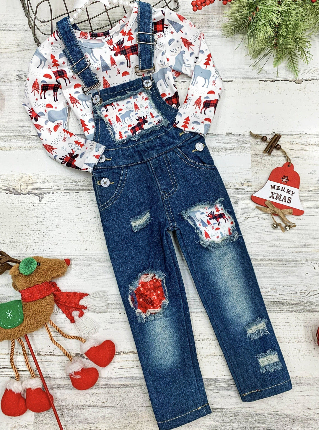 Cute Winter Sets | Girls Plaid Moose Print Patched Denim Overall Set