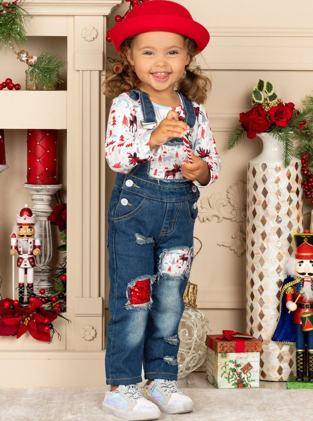 Cute Winter Sets | Girls Plaid Moose Print Patched Denim Overall Set