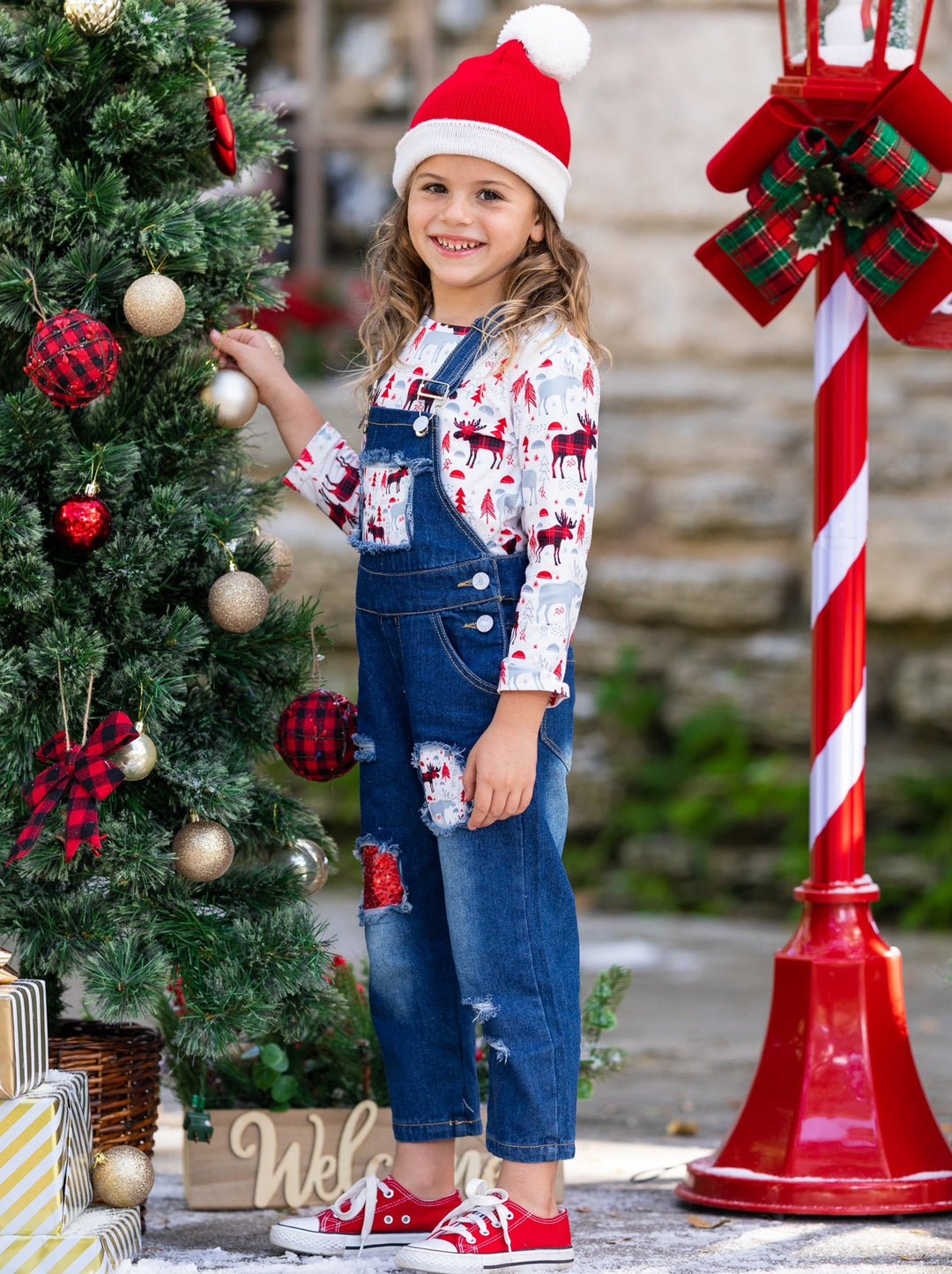 Cute Winter Sets | Girls Plaid Moose Print Patched Denim Overall Set