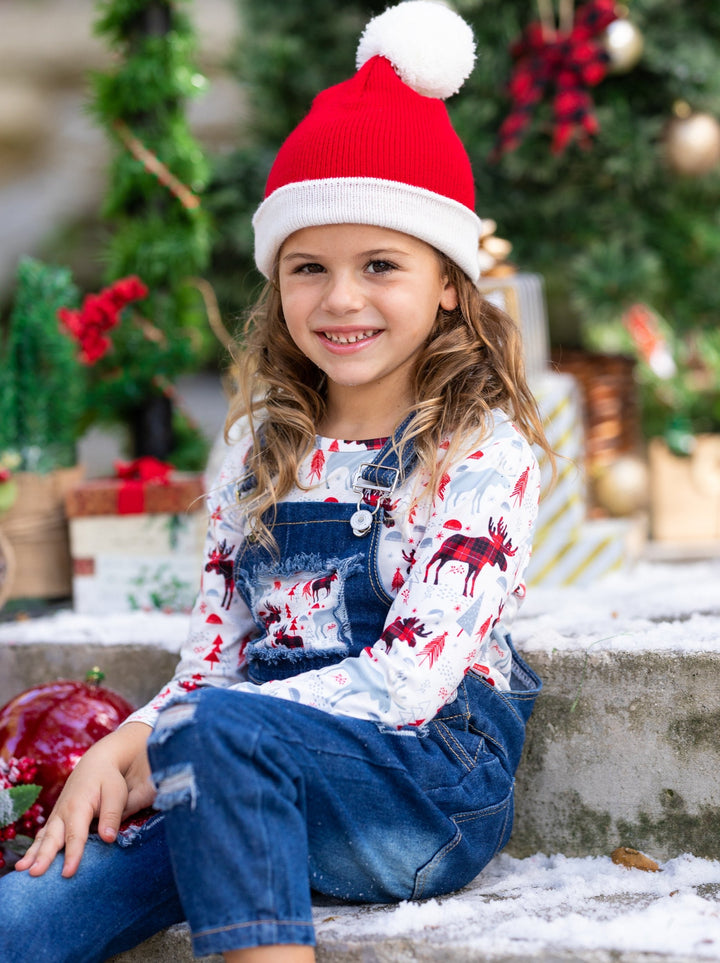 Cute Winter Sets | Girls Plaid Moose Print Patched Denim Overall Set