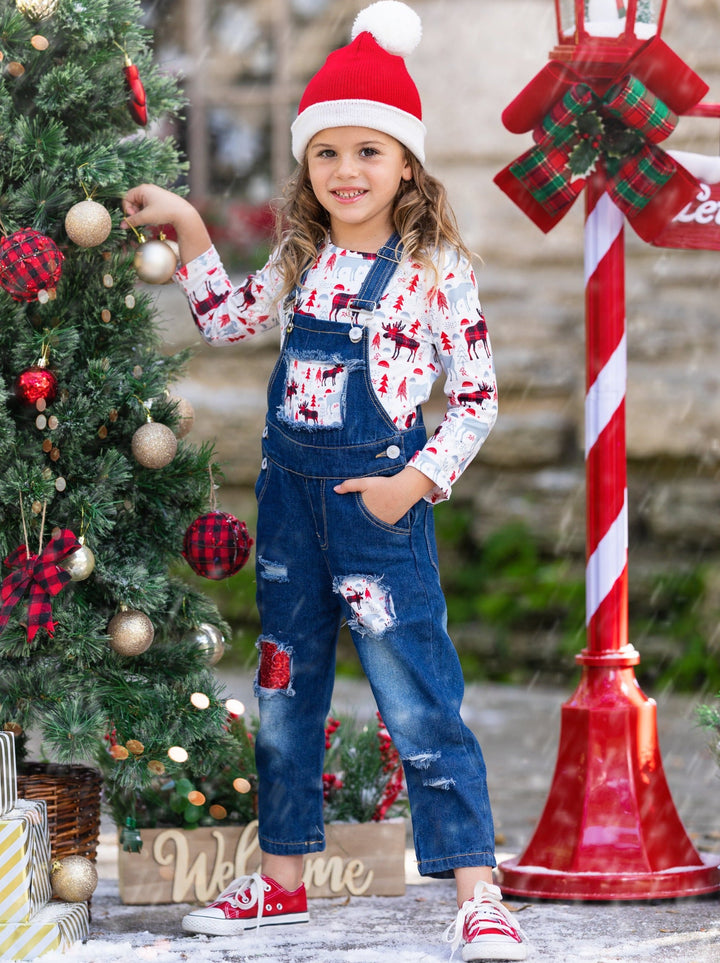 Cute Winter Sets | Girls Plaid Moose Print Patched Denim Overall Set