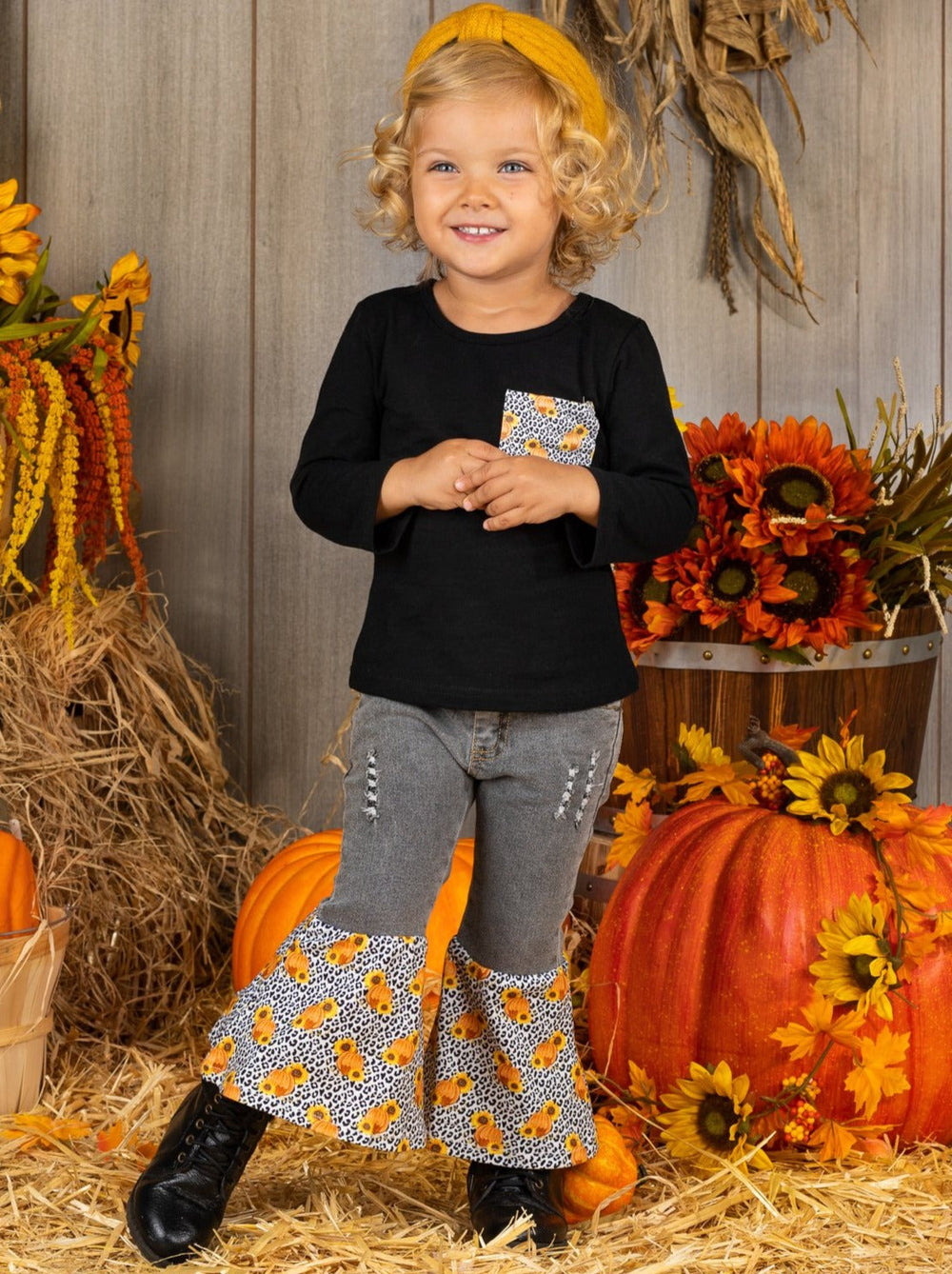 Girls Leopard Sunflower Top & Bell Bottom Jeans Set - Mia Belle Girls