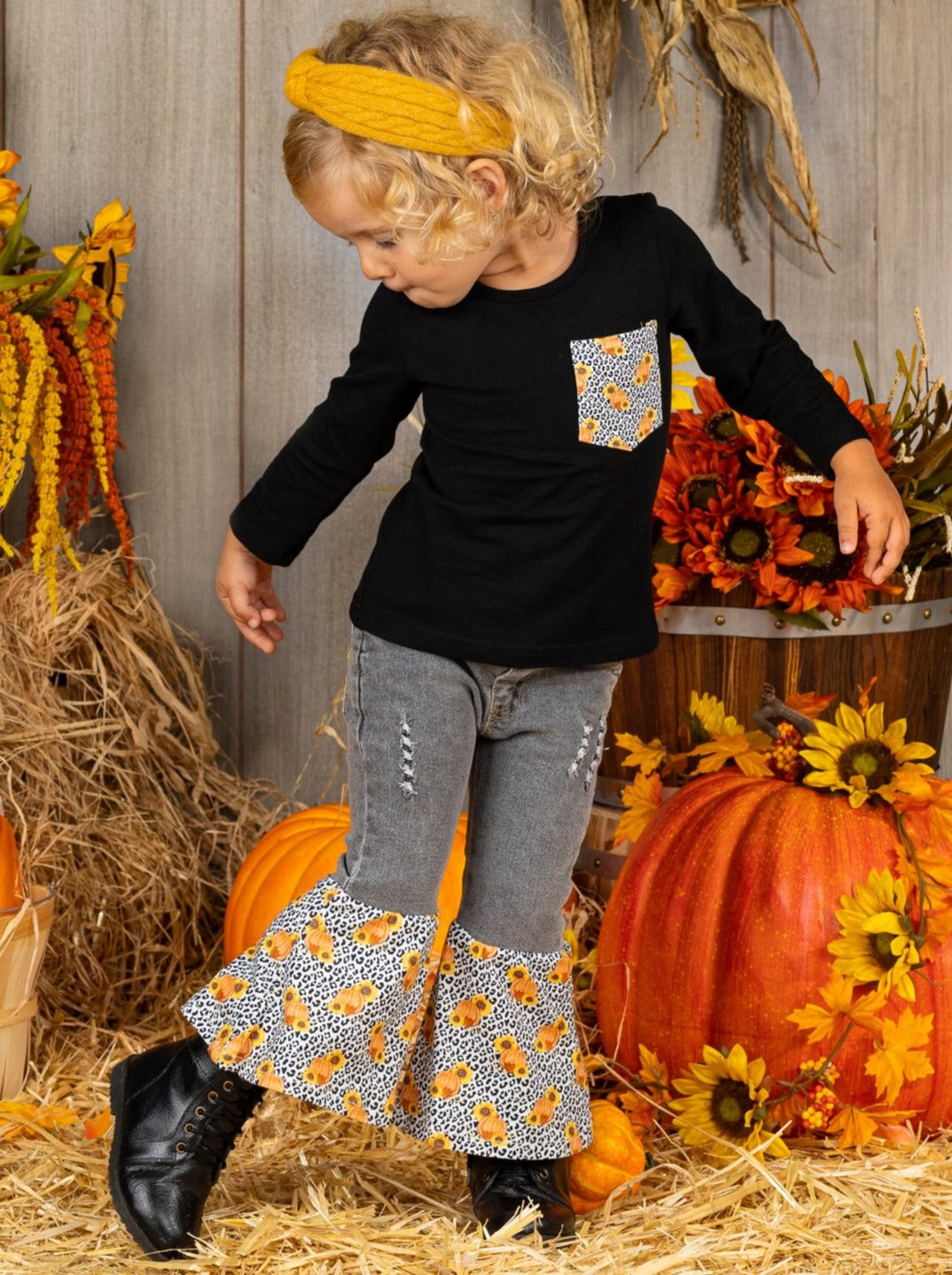 Girls Leopard Sunflower Top & Bell Bottom Jeans Set - Mia Belle Girls