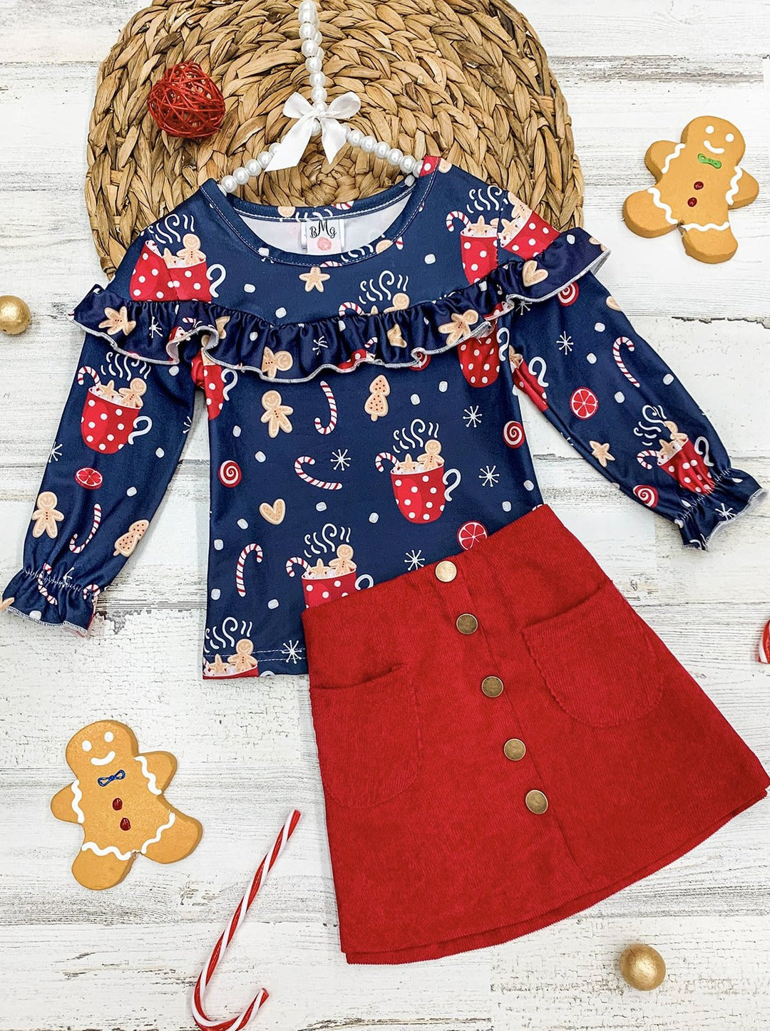 Cute Winter Sets | Girls Cocoa Ruffle Top Faux Button Pocket Skirt Set